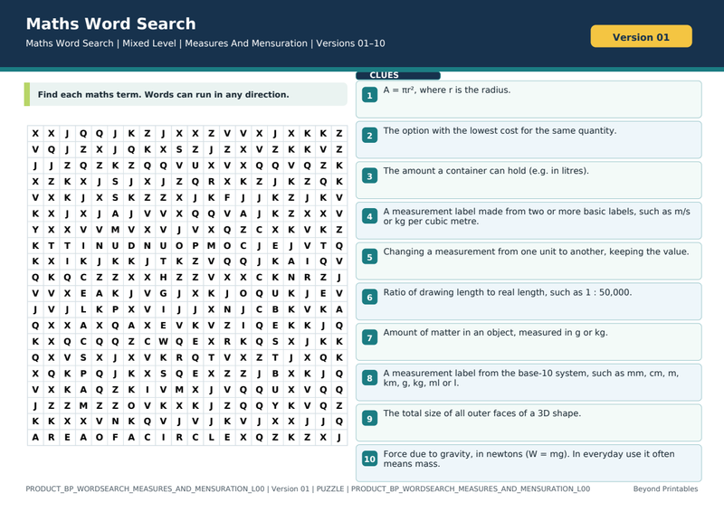Measures And Mensuration Maths Word Search | 10 Printable Vocabulary Puzzles with Solutions — puzzle preview