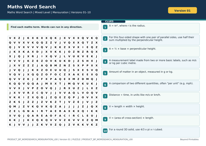 Mensuration Maths Word Search | 10 Printable Vocabulary Puzzles with Solutions — puzzle preview