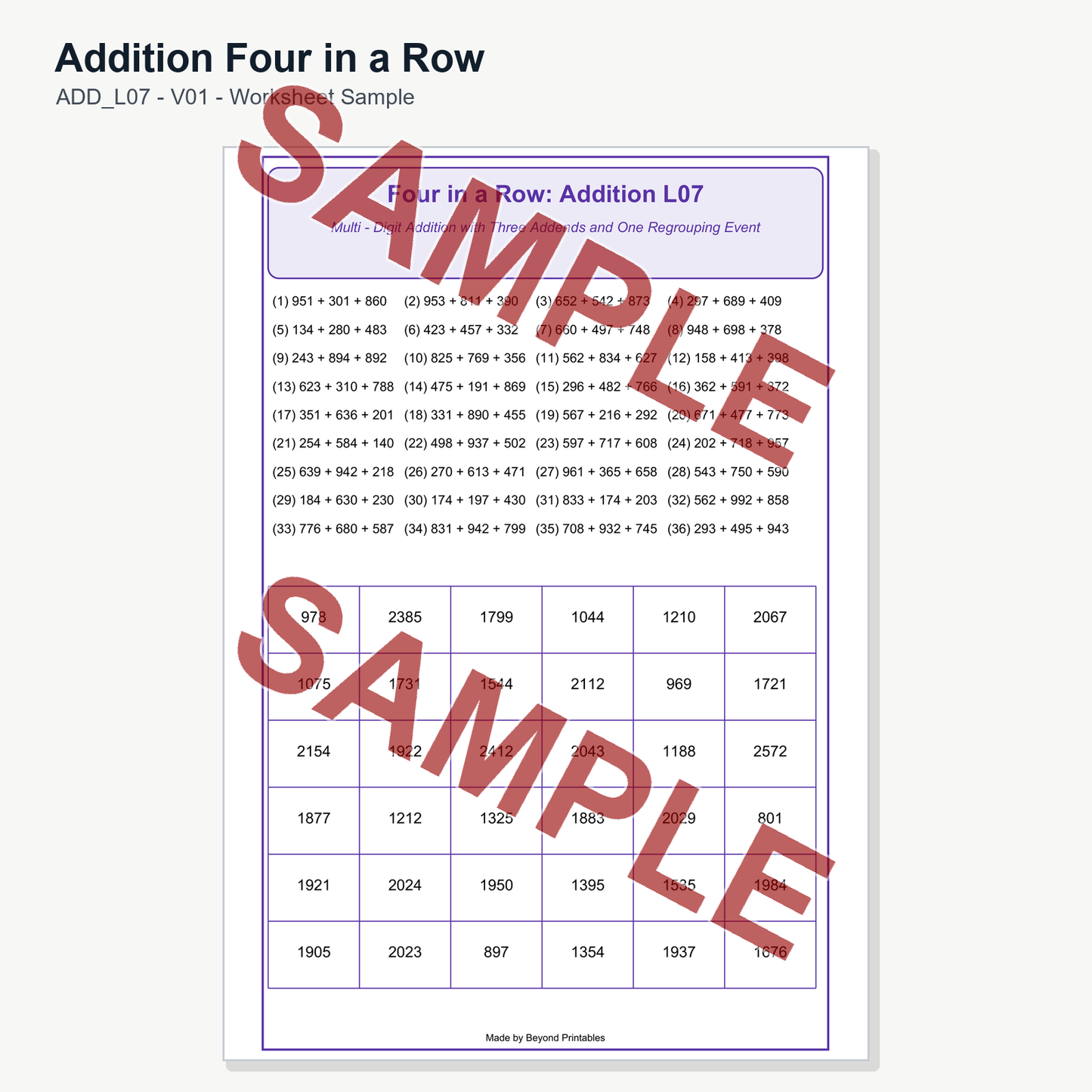 Addition Four in a Row - Level 07: Multi Digit Addition (V01)