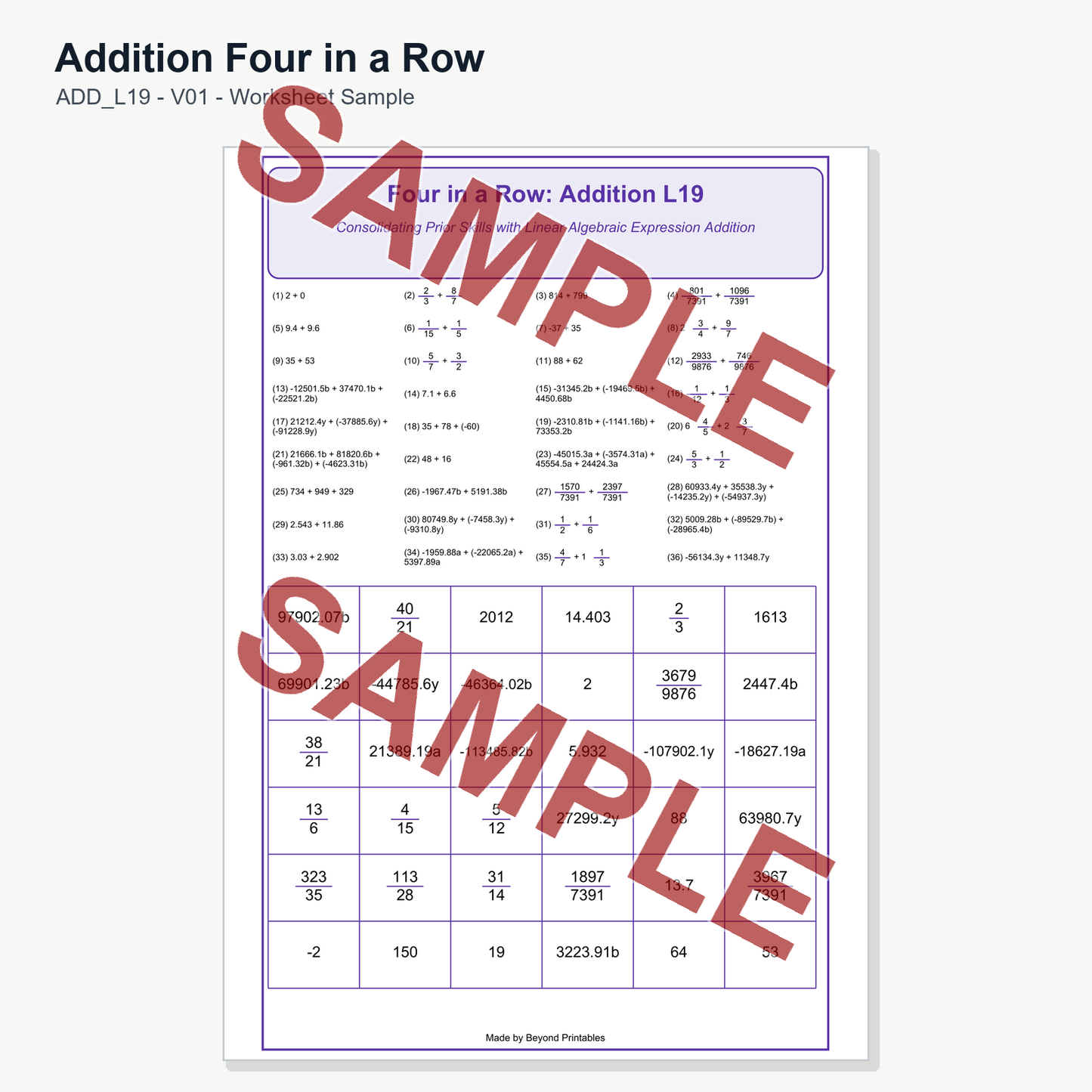 Addition Four in a Row - Level 19: Linear Algebraic Expression (V01)
