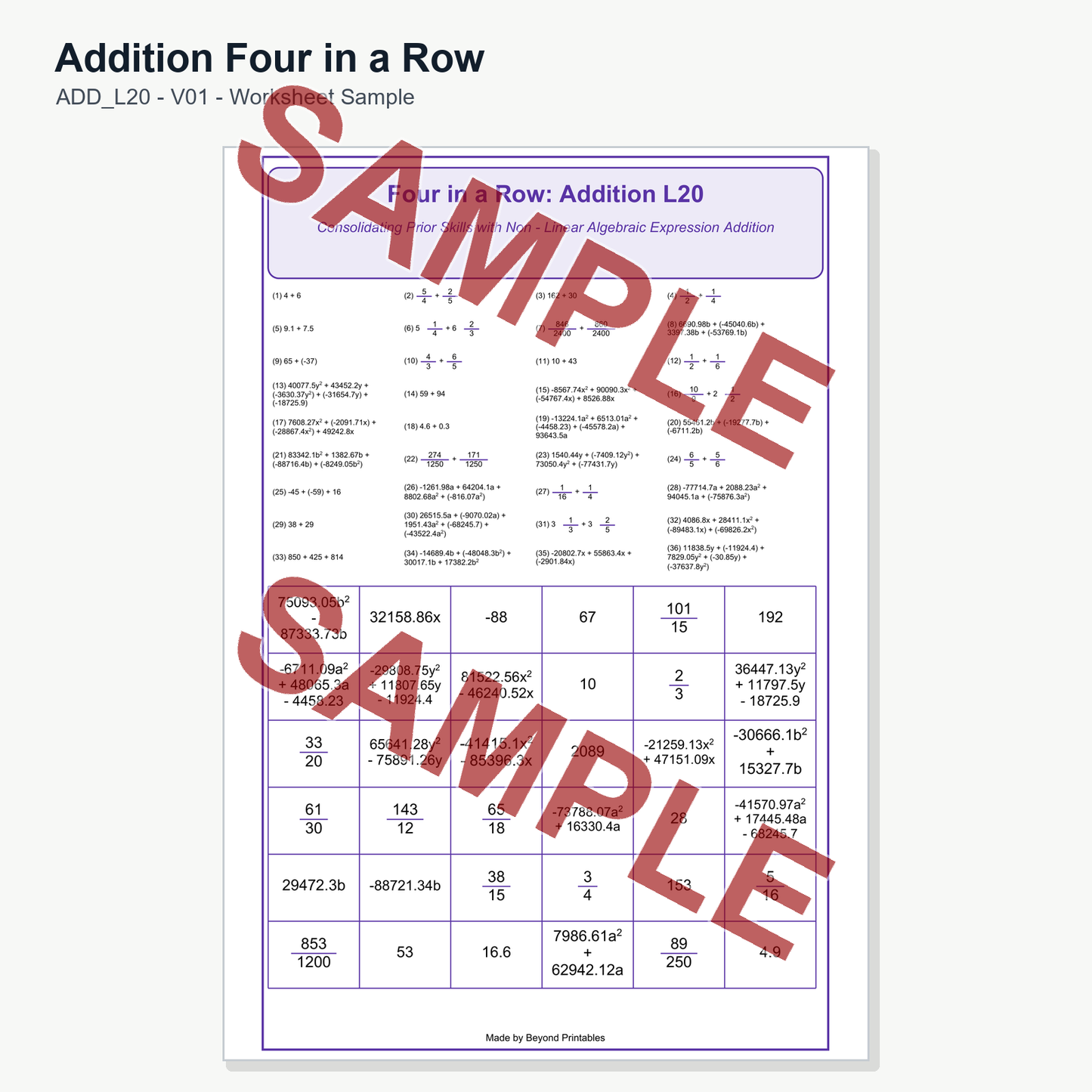 Addition Four in a Row - Level 20: Non Linear Algebraic (V01)