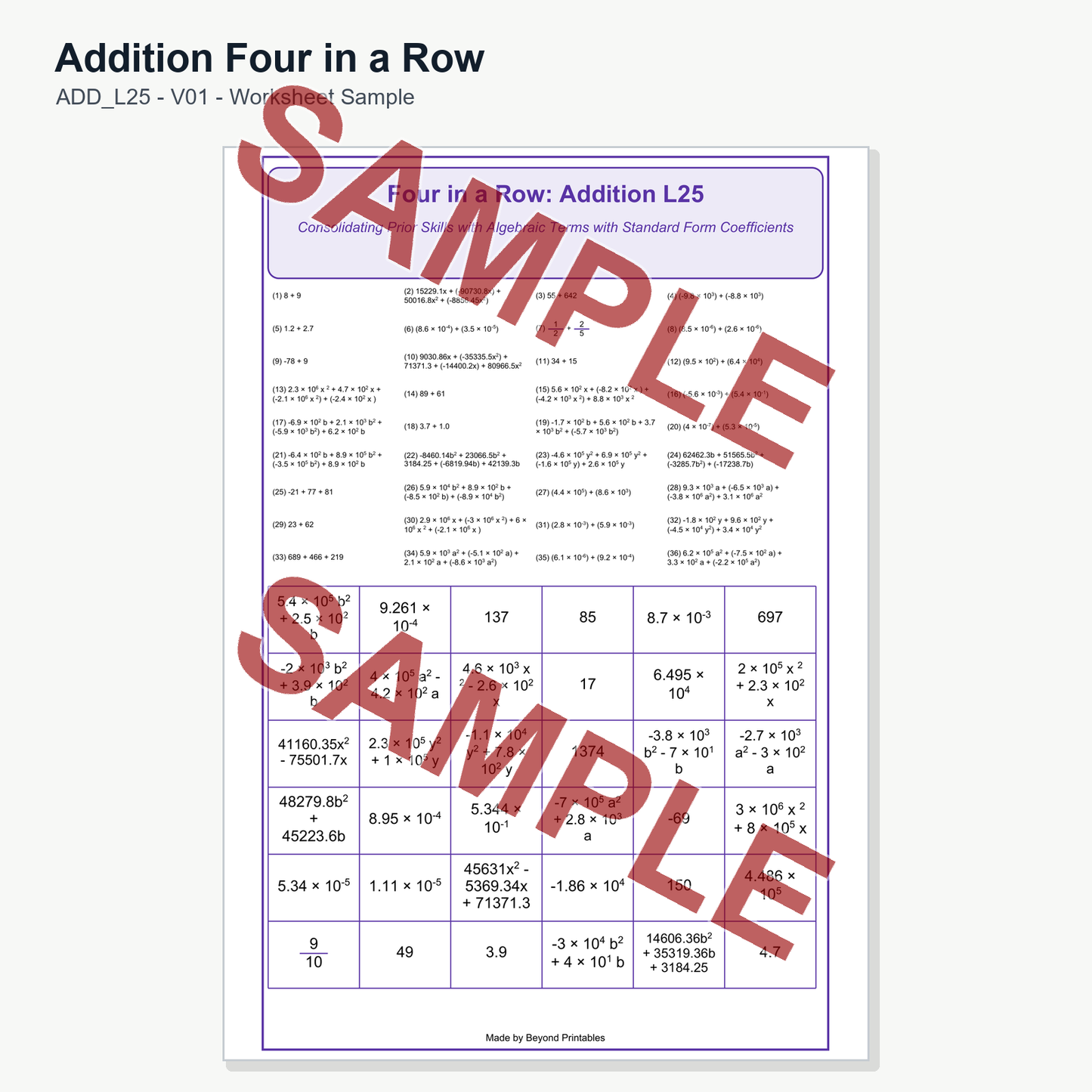 Addition Four in a Row - Level 25: Algebraic Terms Standard (V01)