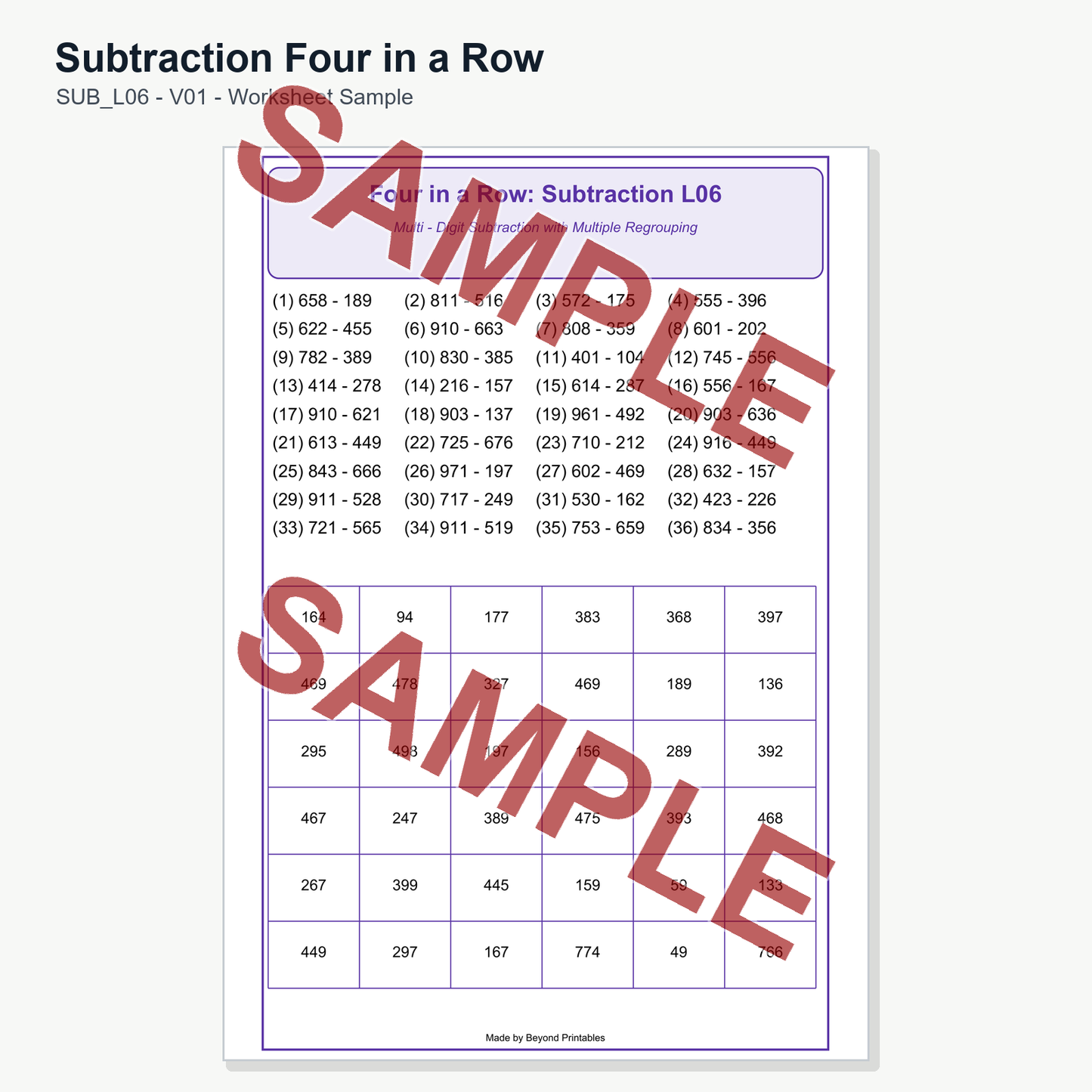 Subtraction Four in a Row — SUB L06 (V01)