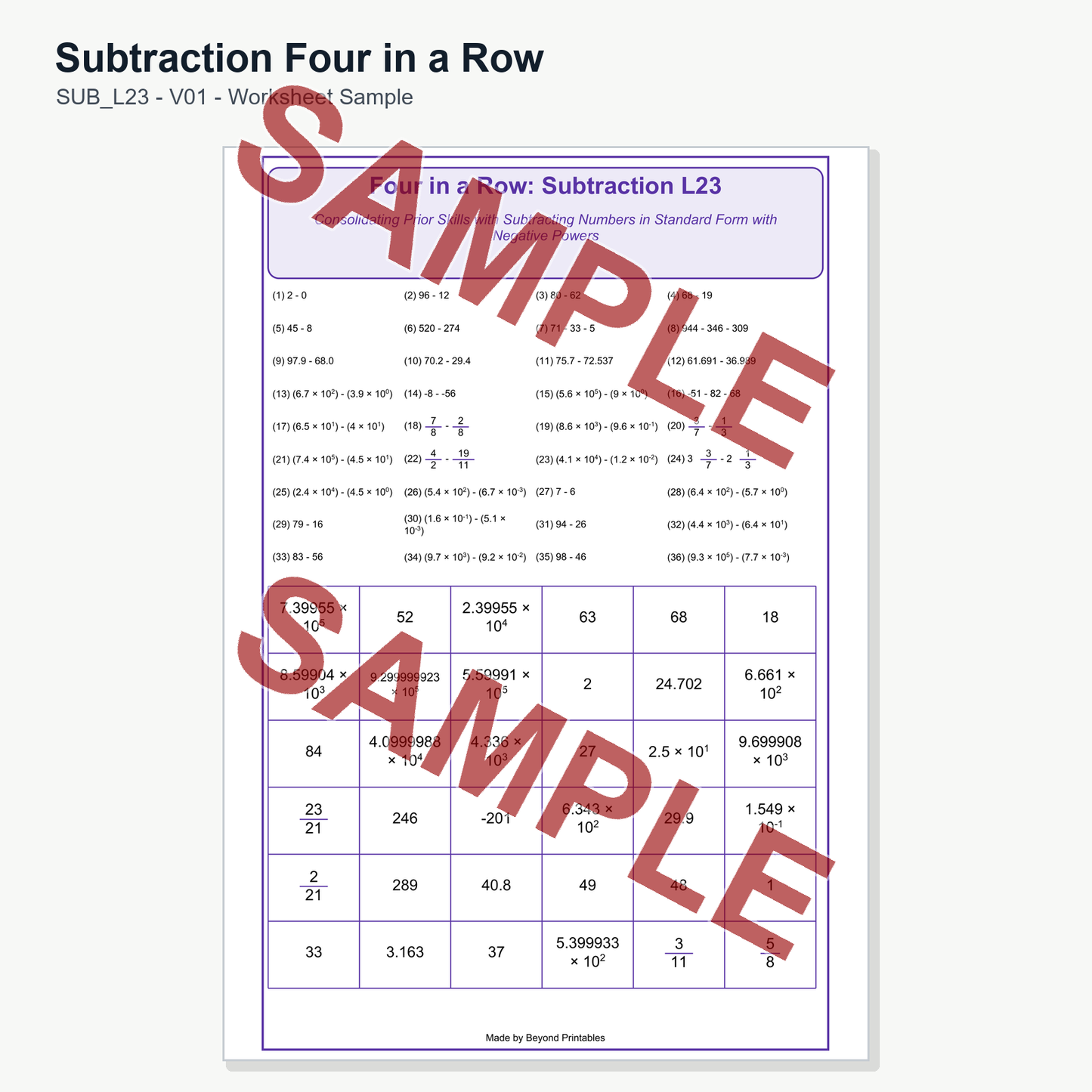 Subtraction Four in a Row — SUB L23 (V01)