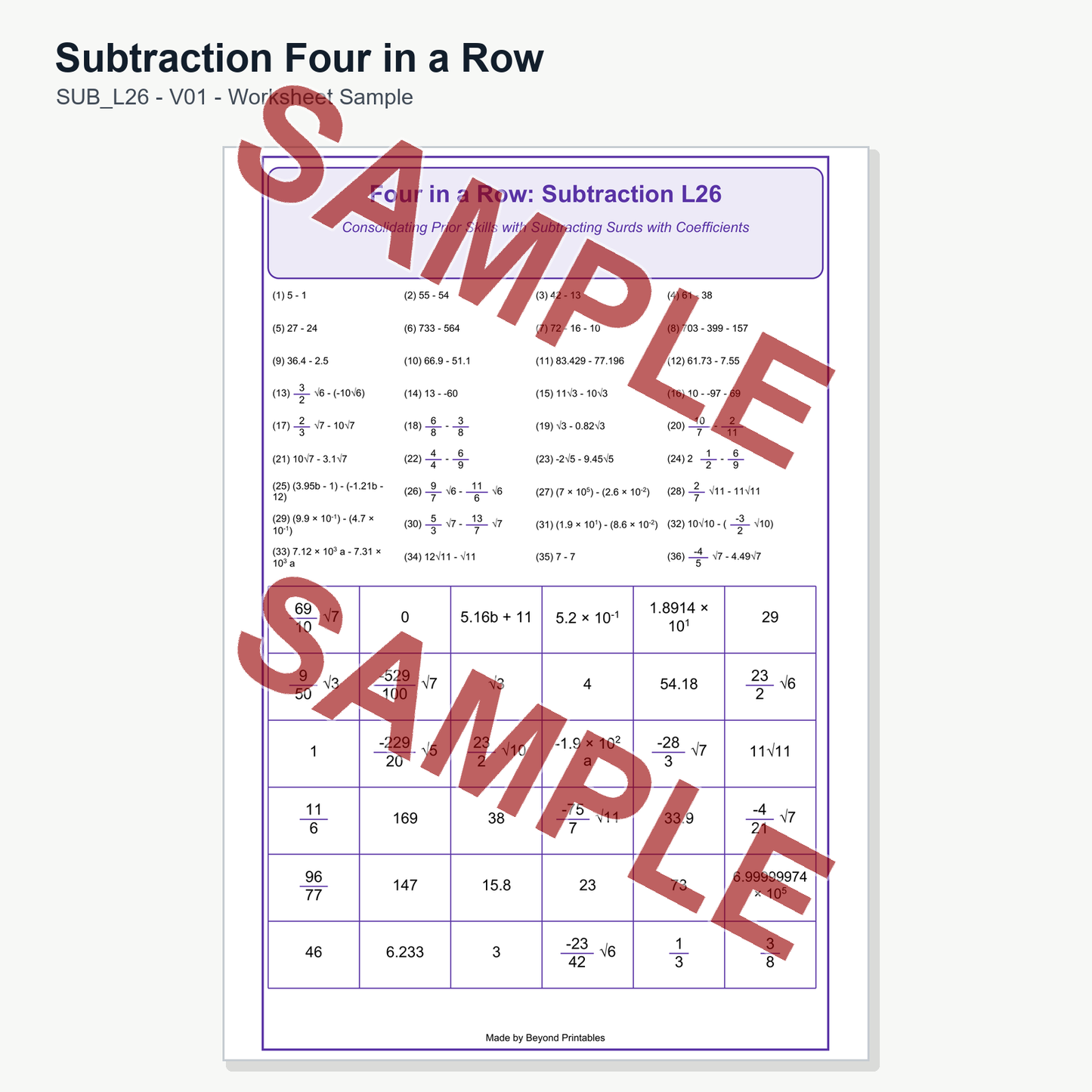 Subtraction Four in a Row — SUB L26 (V01)