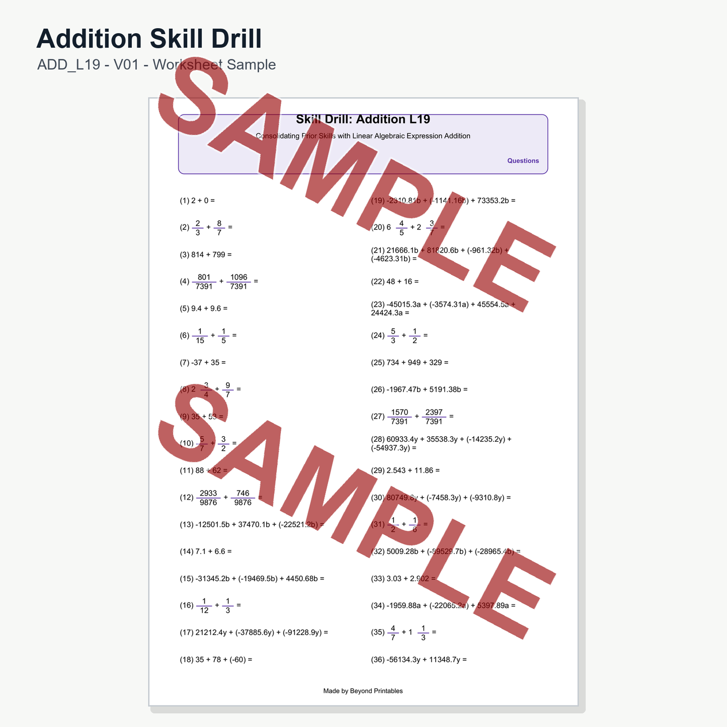 Addition Skill Drill - Level 19: Linear Algebraic Expression (V01)