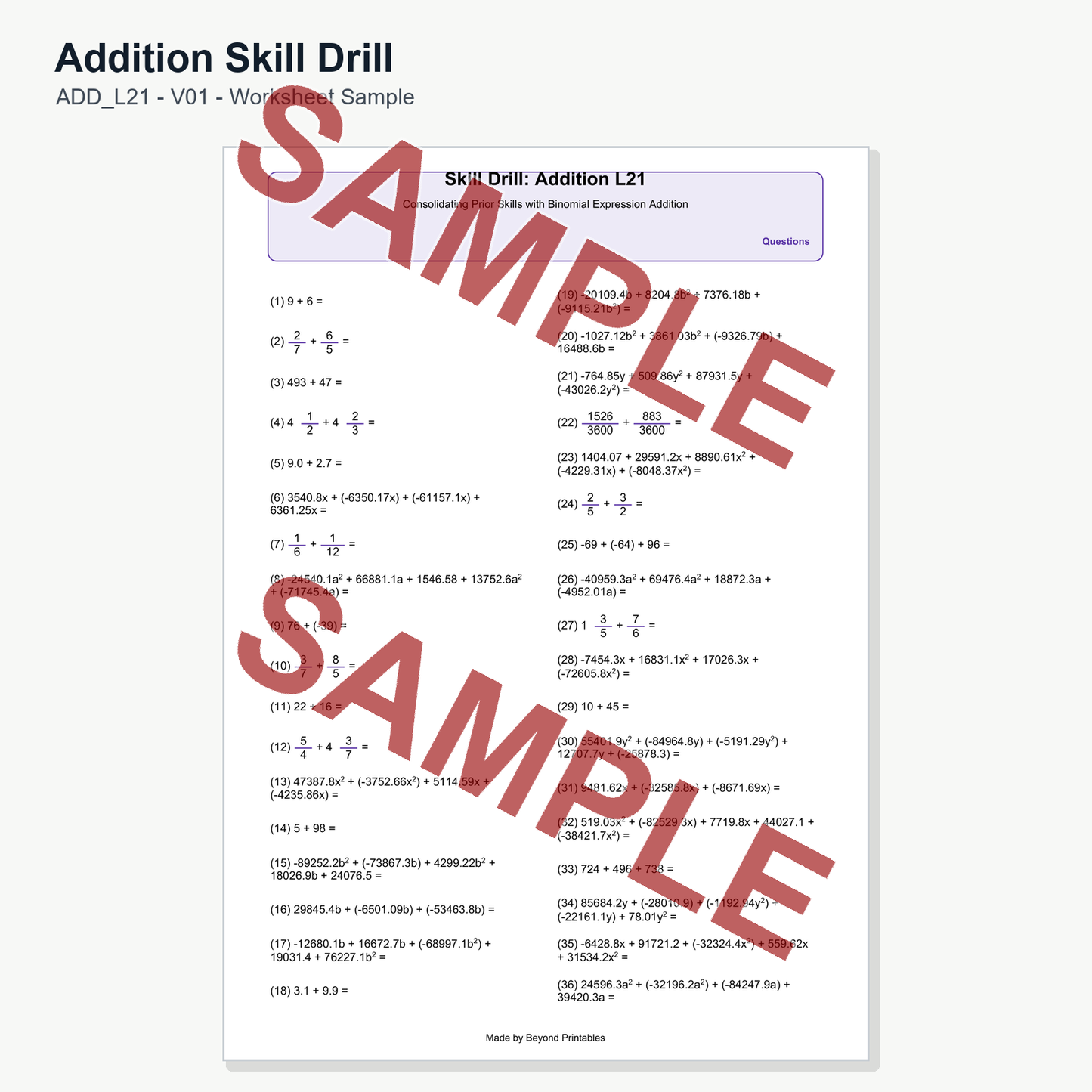 Addition Skill Drill - Level 21: Binomial Expression Addition (V01)