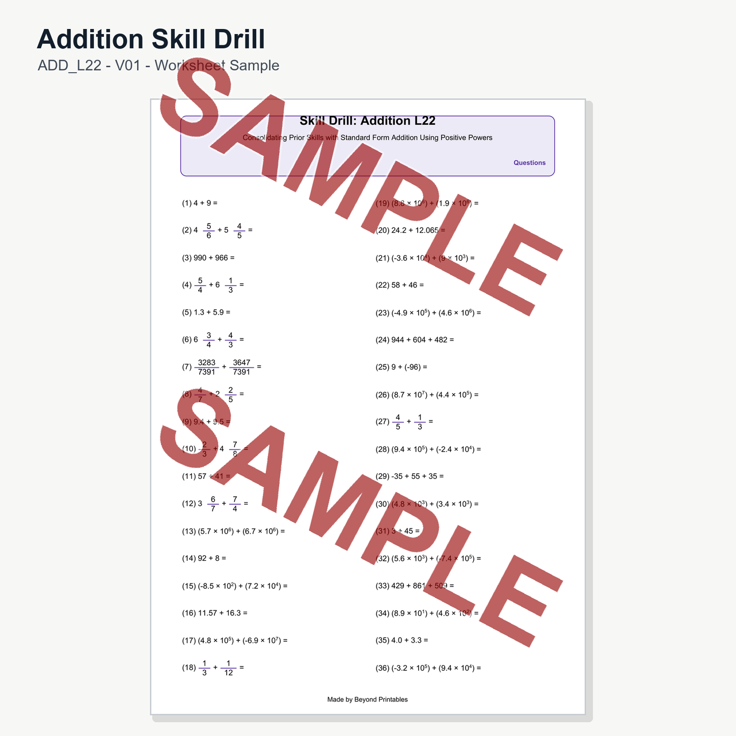 Addition Skill Drill - Level 22: Standard Form Addition (V01)