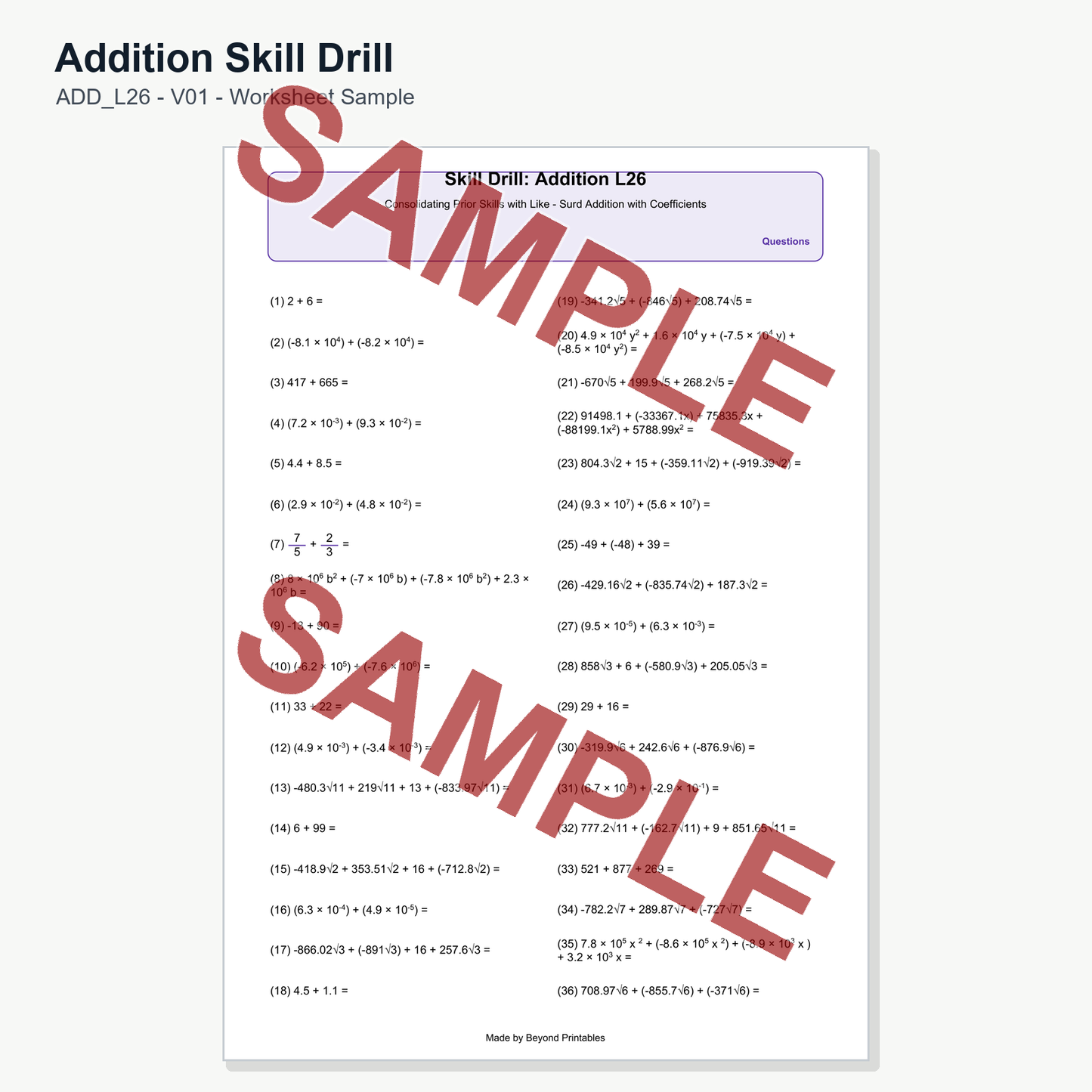 Addition Skill Drill - Level 26: Like Surd Addition (V01)