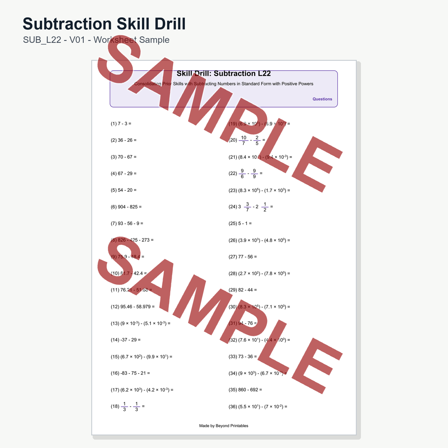 Subtraction Skill Drill — SUB L22 (V01)