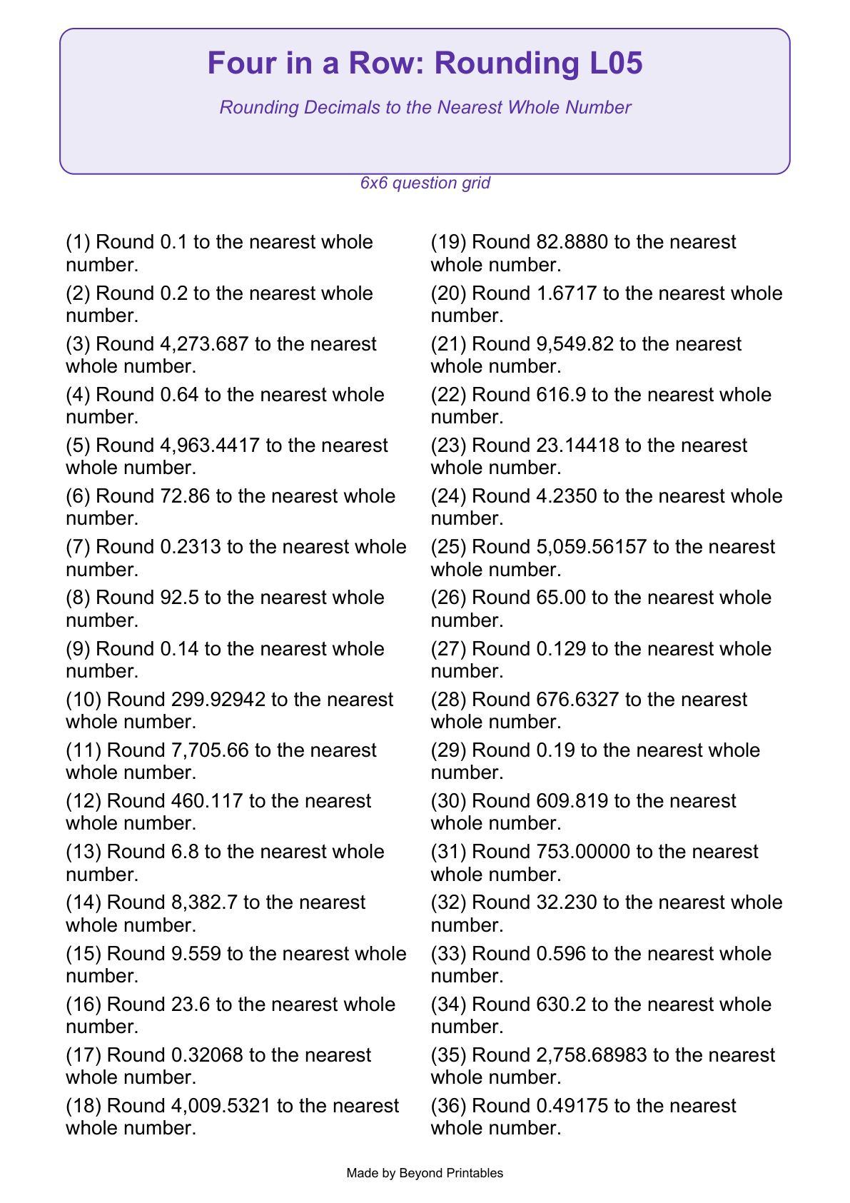 Rounding Four in a Row | Level 05: Rounding Decimals to the Nearest Whole Number | Version 1 — actual PDF preview page