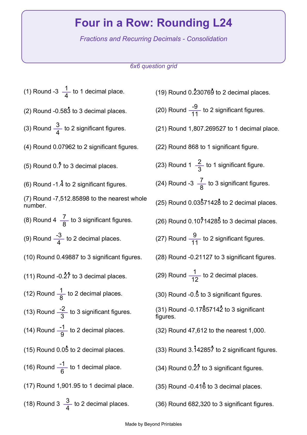 Rounding Four in a Row | Level 24: Fractions and Recurring Decimals - Consolidation | Version 1 — actual PDF preview page