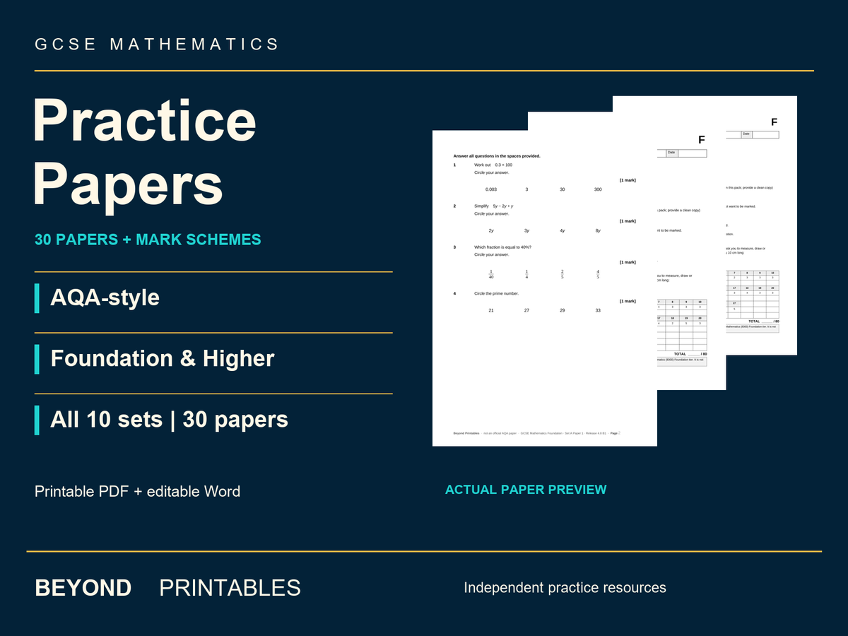 GCSE Maths AQA-Style: 30 Foundation & Higher Papers + Answers