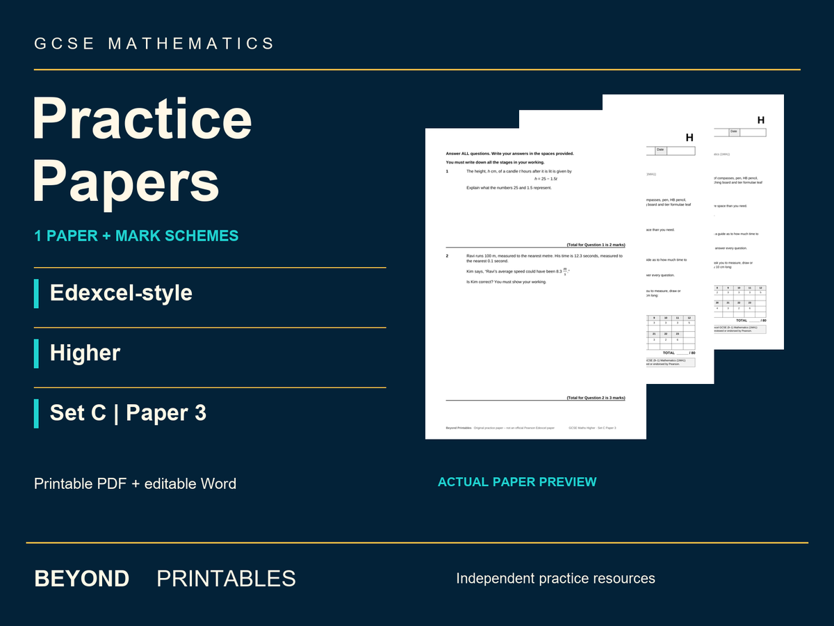 GCSE Maths Edexcel-Style Higher Set C Paper 3 + Answers