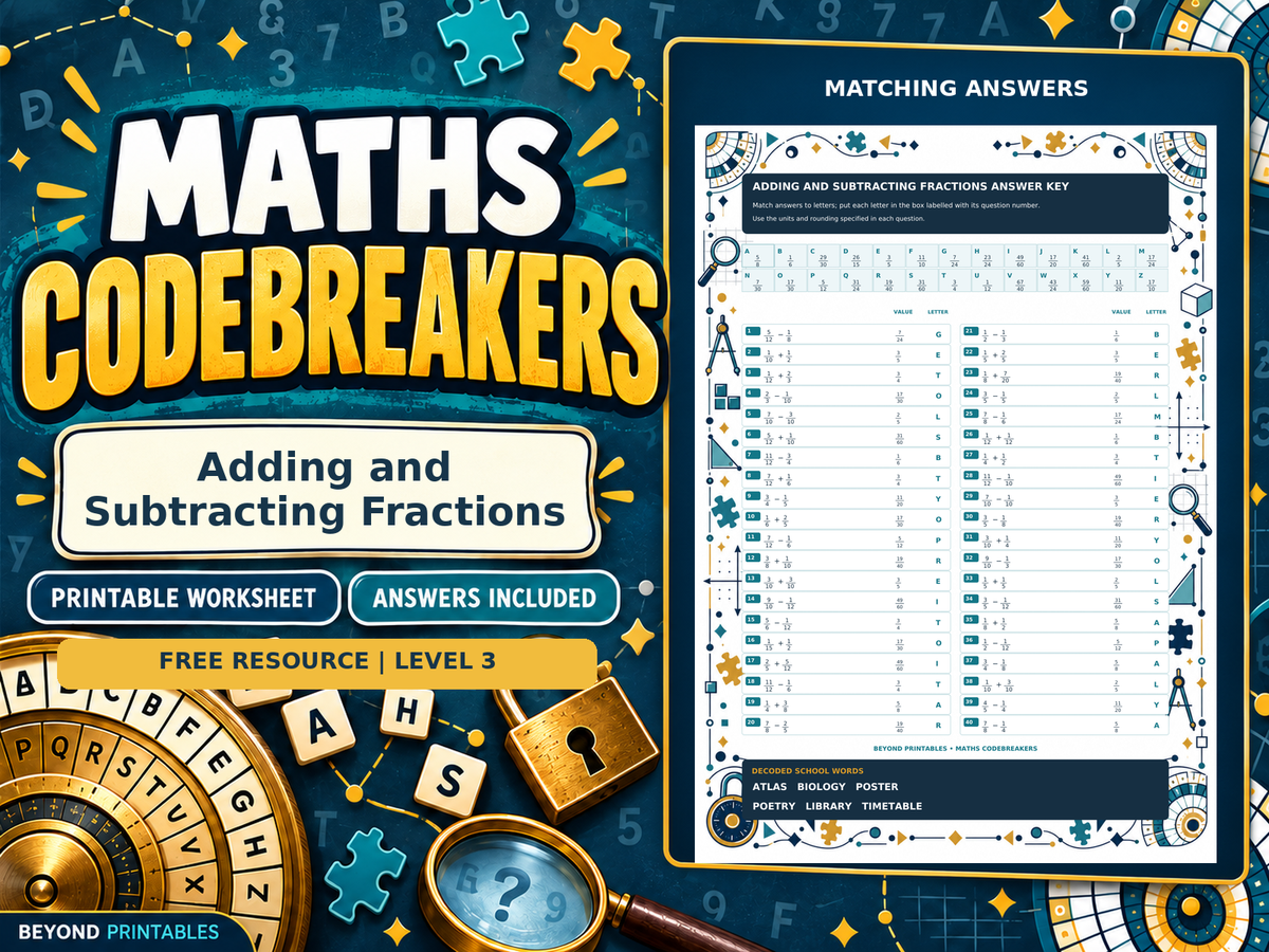 FREE Adding and Subtracting Fractions | Maths Codebreaker | Answers Included — preview 2