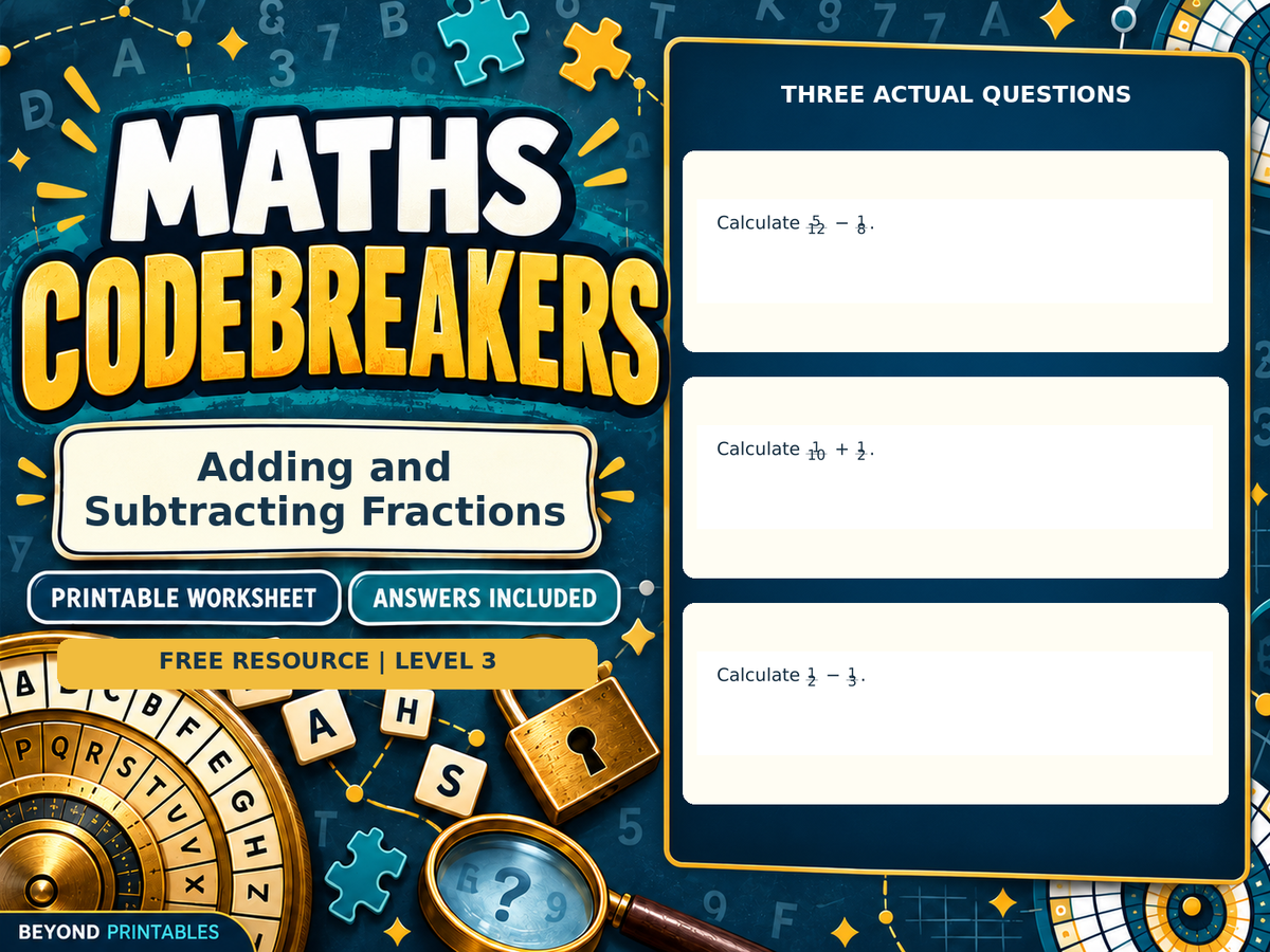 FREE Adding and Subtracting Fractions | Maths Codebreaker | Answers Included — preview 3
