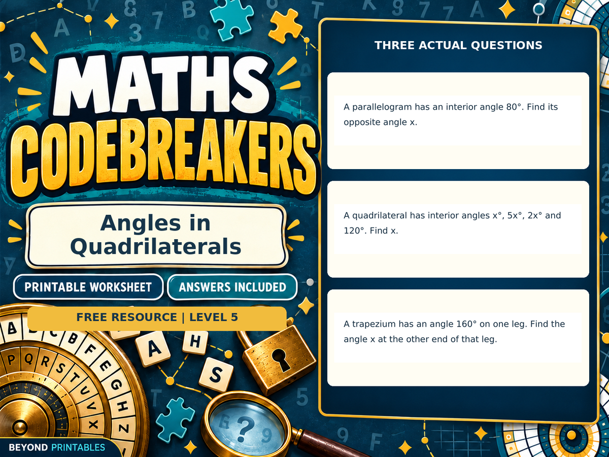 FREE Angles in Quadrilaterals | Maths Codebreaker | Answers Included — answer preview