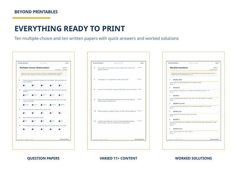 11+ Maths Practice Papers Bundle | Complete 20-Paper Collection with Full Worked Solutions — contents