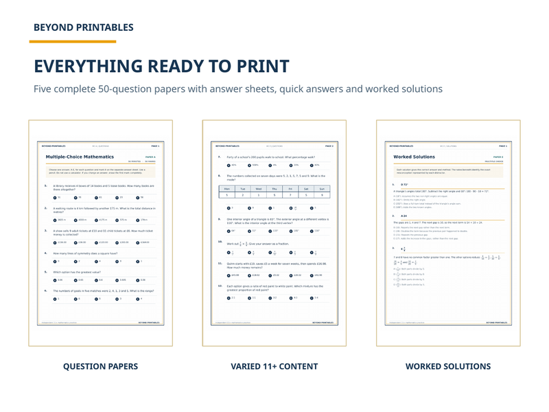 11+ Maths Practice Papers Bundle | Multiple Choice Papers A–E with Full Worked Solutions — contents
