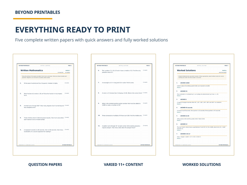 11+ Maths Practice Papers Bundle | Written Papers F–J with Full Worked Solutions — contents