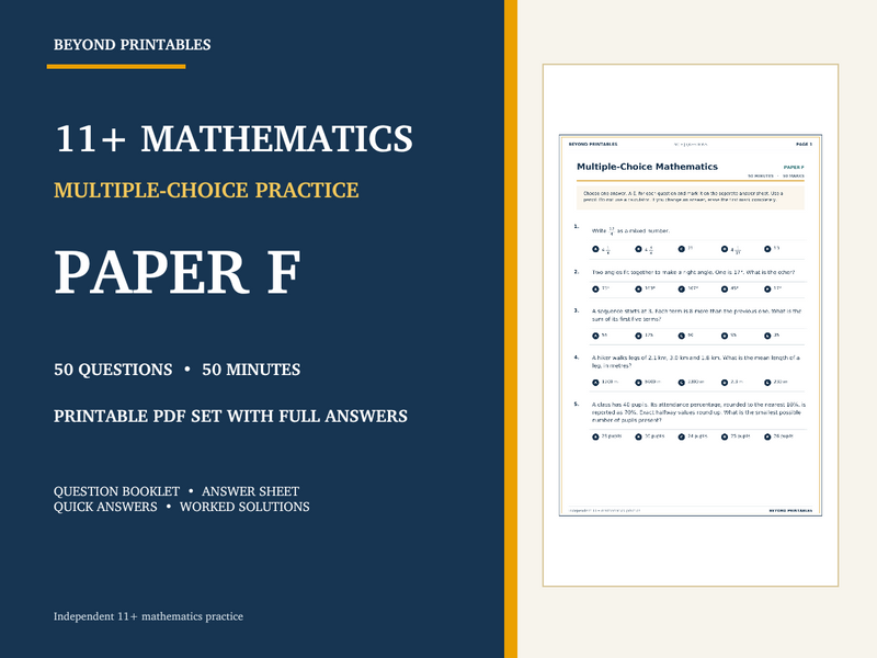 11+ Maths Practice Paper F | 50-Question Multiple Choice Test with Answers — cover