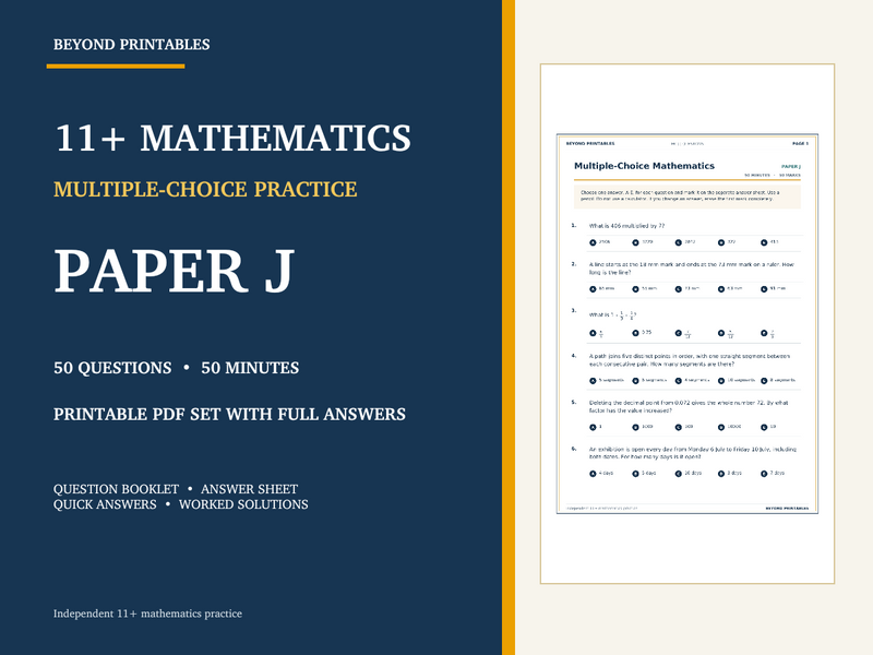 11+ Maths Practice Paper J | 50-Question Multiple Choice Test with Answers — cover