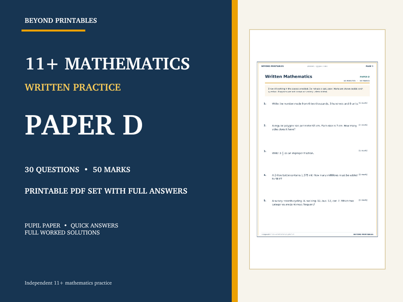 11+ Maths Practice Paper D | Written Test with Worked Solutions — cover
