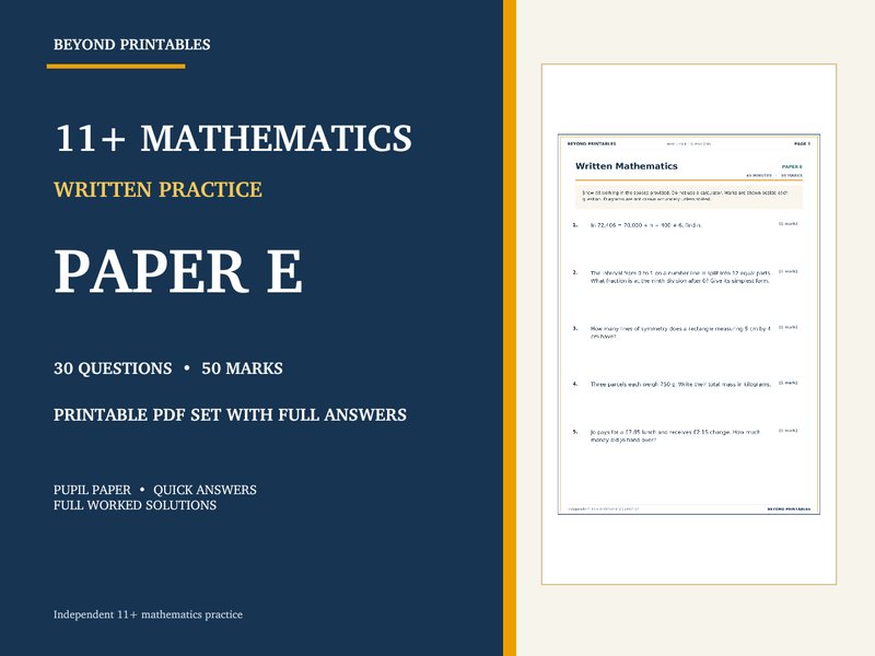 11+ Maths Practice Paper E | Written Test with Worked Solutions — cover