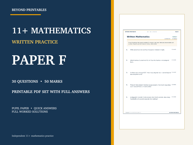 11+ Maths Practice Paper F | Written Test with Worked Solutions — cover