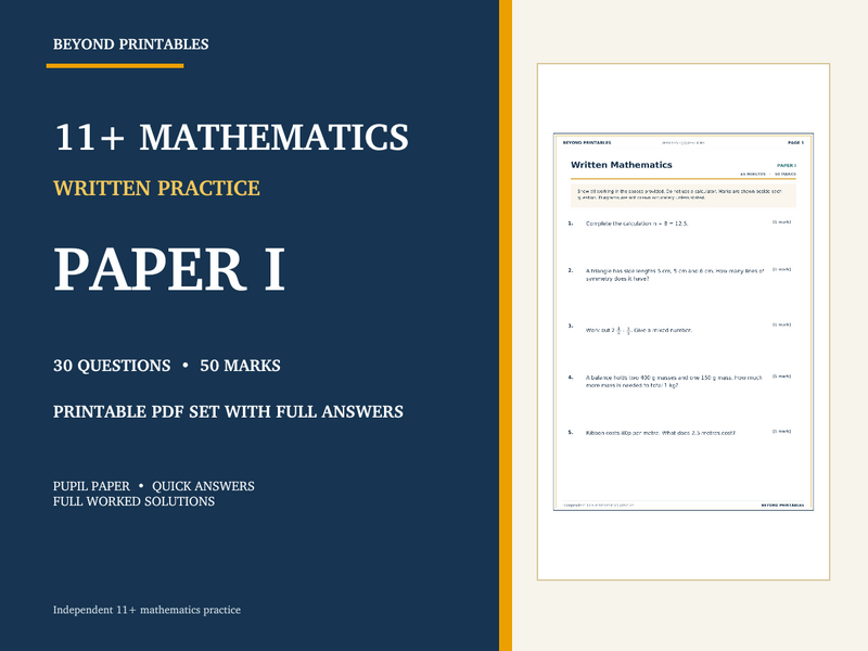 11+ Maths Practice Paper I | Written Test with Worked Solutions — cover
