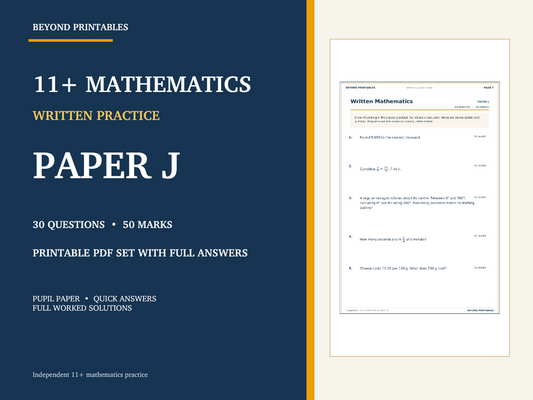 11+ Maths Practice Paper J | Written Test with Worked Solutions — cover