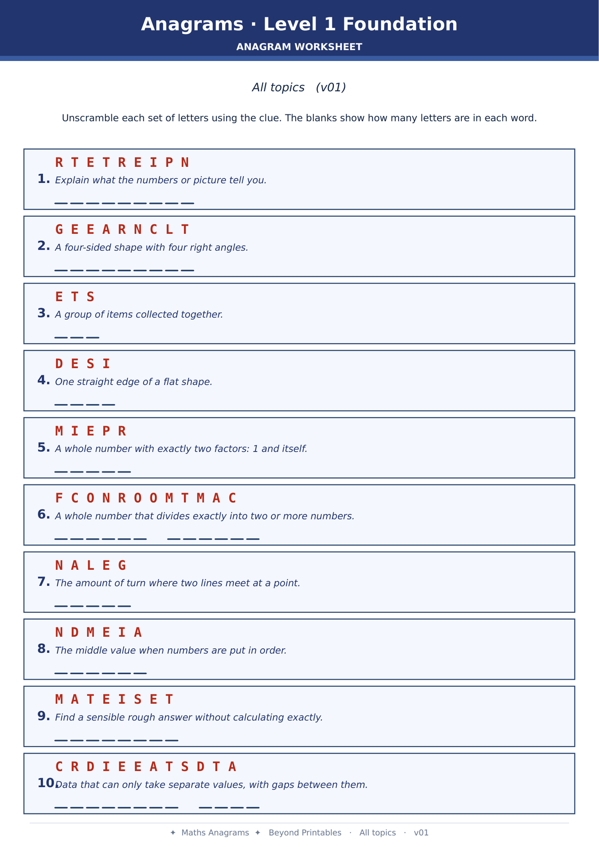 Maths Anagrams Level 1 All Topics | Vocabulary Retrieval PDF + PowerPoint
