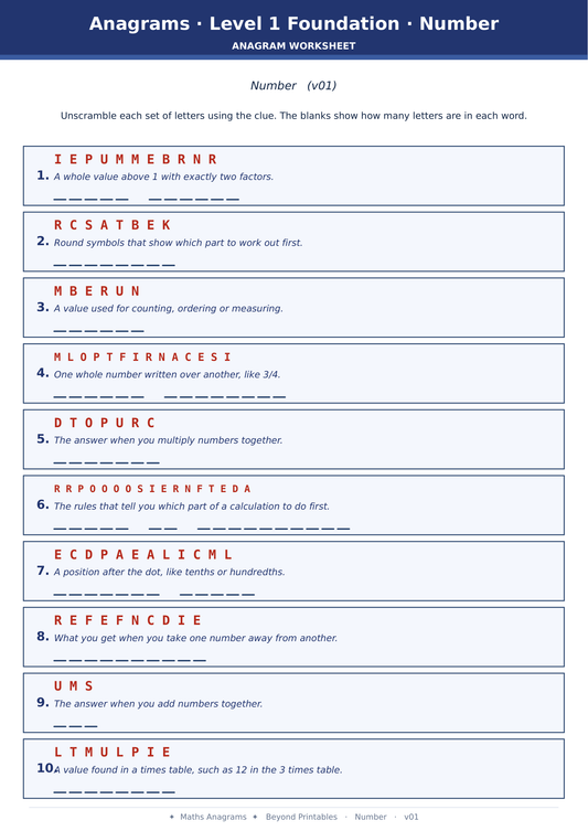 Maths Anagrams Number | Vocabulary Retrieval PDF + PowerPoint