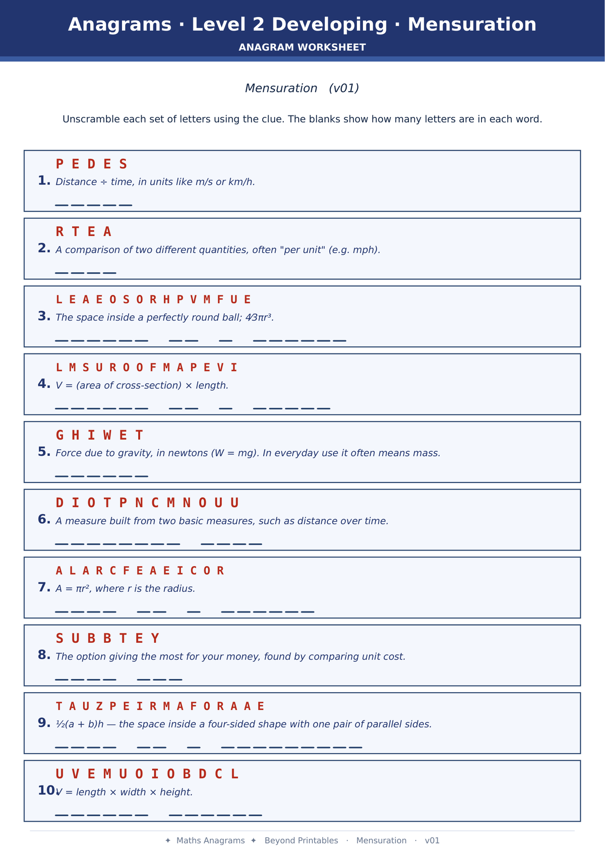 Maths Anagrams Mensuration | Vocabulary Retrieval PDF + PowerPoint