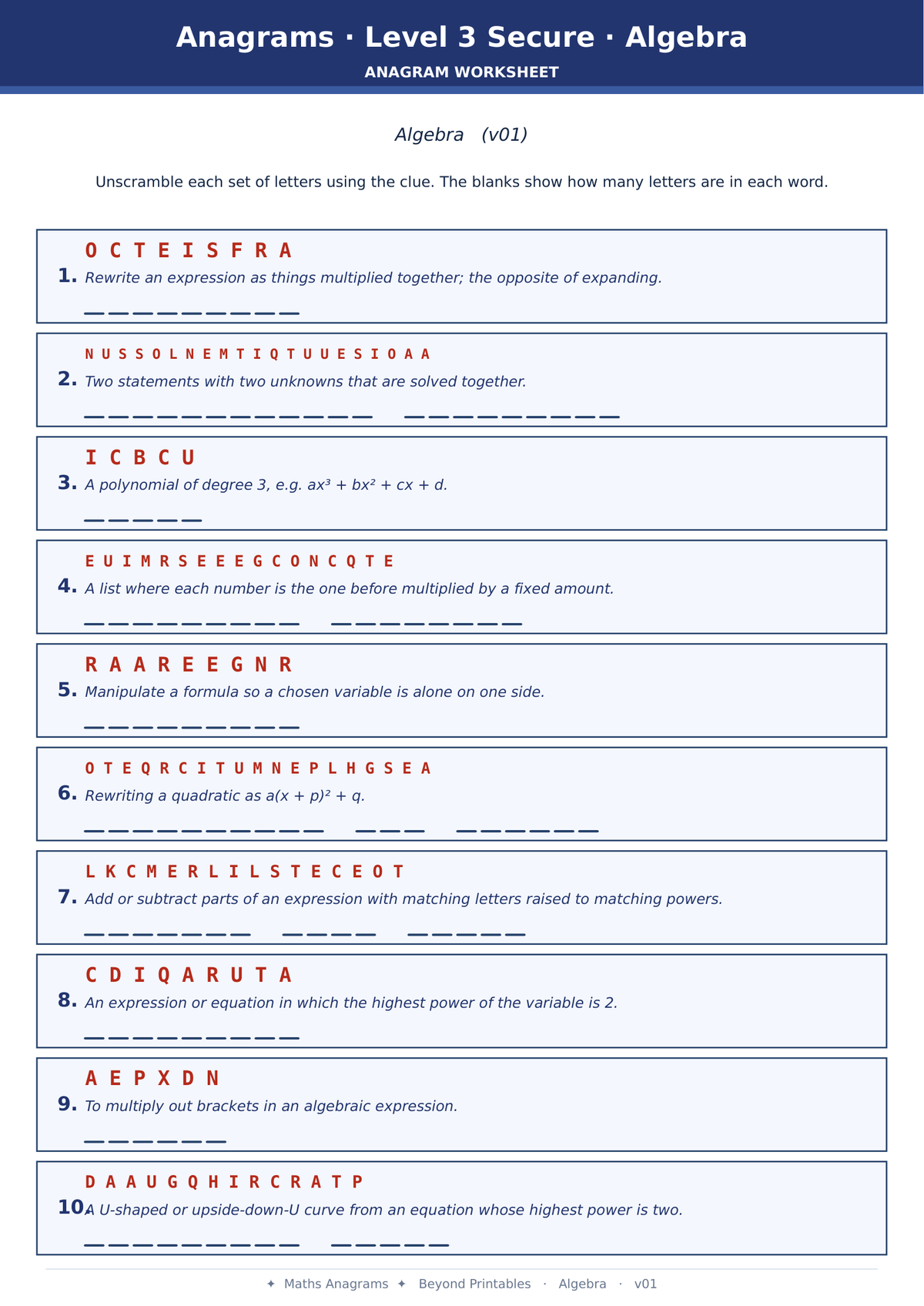 Maths Anagrams Algebra | Vocabulary Retrieval PDF + PowerPoint