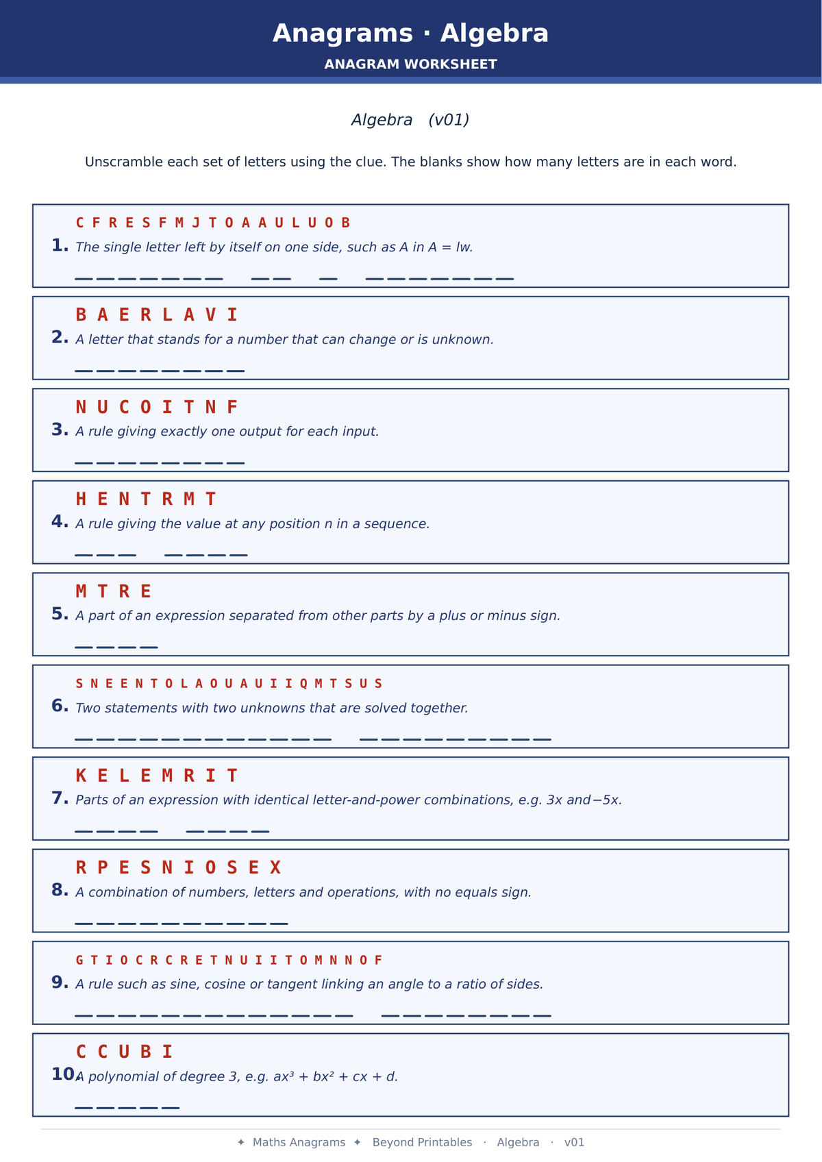 Maths Anagrams Algebra | Vocabulary Retrieval PDF + PowerPoint