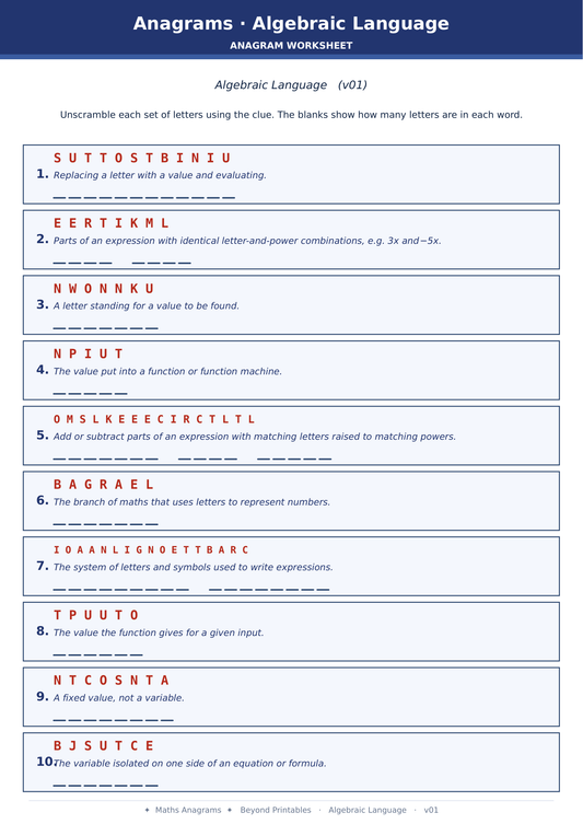 Maths Anagrams Algebraic Language | Vocabulary Retrieval PDF + PowerPoint