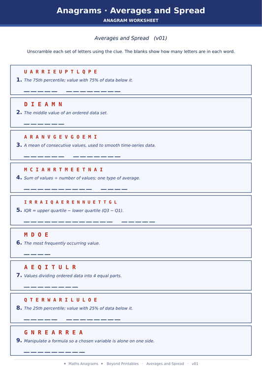 Maths Anagrams Averages and Spread | Vocabulary Retrieval PDF + PowerPoint