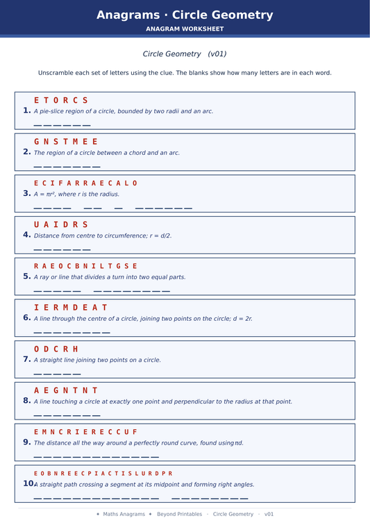 Maths Anagrams Circle Geometry | Vocabulary Retrieval PDF + PowerPoint