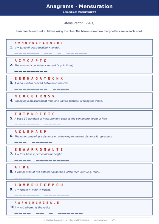 Maths Anagrams Mensuration | Vocabulary Retrieval PDF + PowerPoint