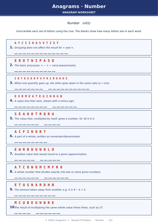 Maths Anagrams Number | Vocabulary Retrieval PDF + PowerPoint