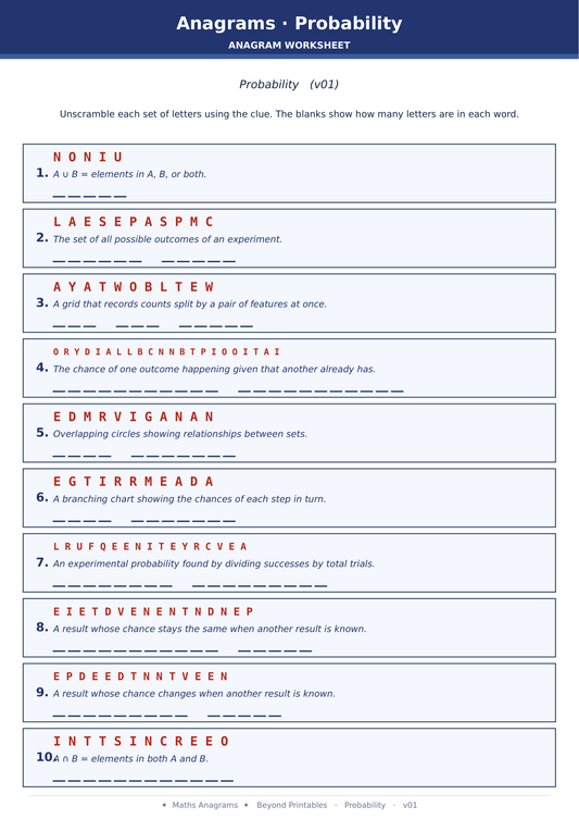 Maths Anagrams Probability | Vocabulary Retrieval PDF + PowerPoint