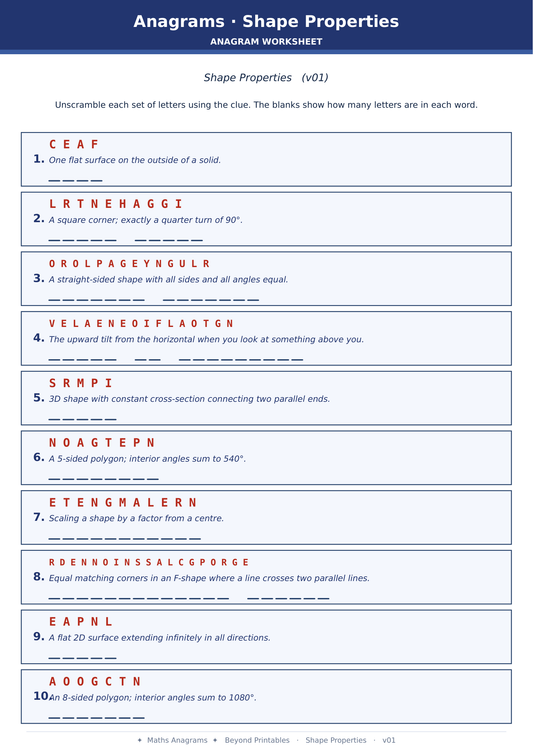 Maths Anagrams Shape Properties | Vocabulary Retrieval PDF + PowerPoint