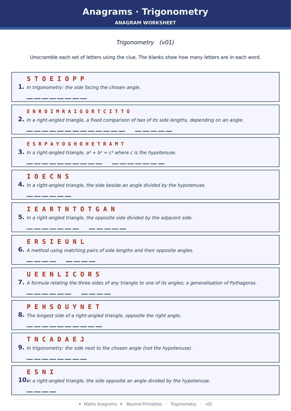 Maths Anagrams Trigonometry | Vocabulary Retrieval PDF + PowerPoint