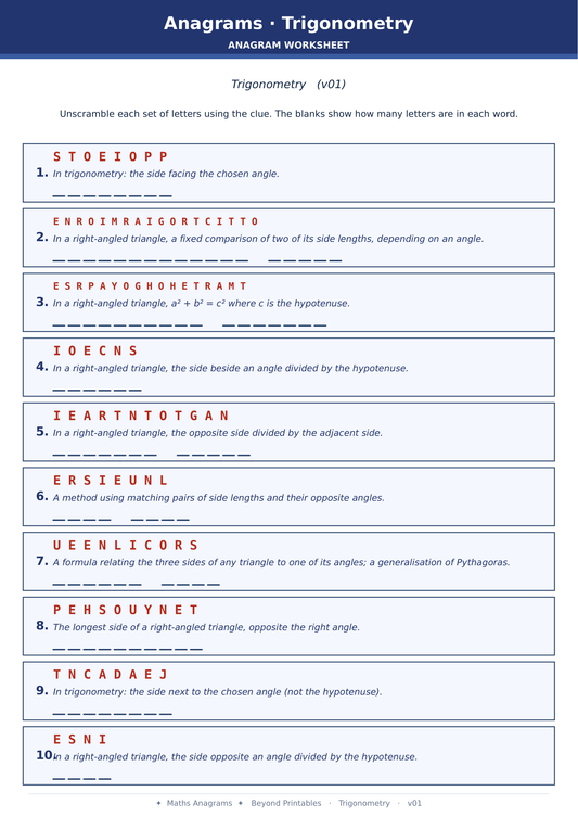 Maths Anagrams Trigonometry | Vocabulary Retrieval PDF + PowerPoint