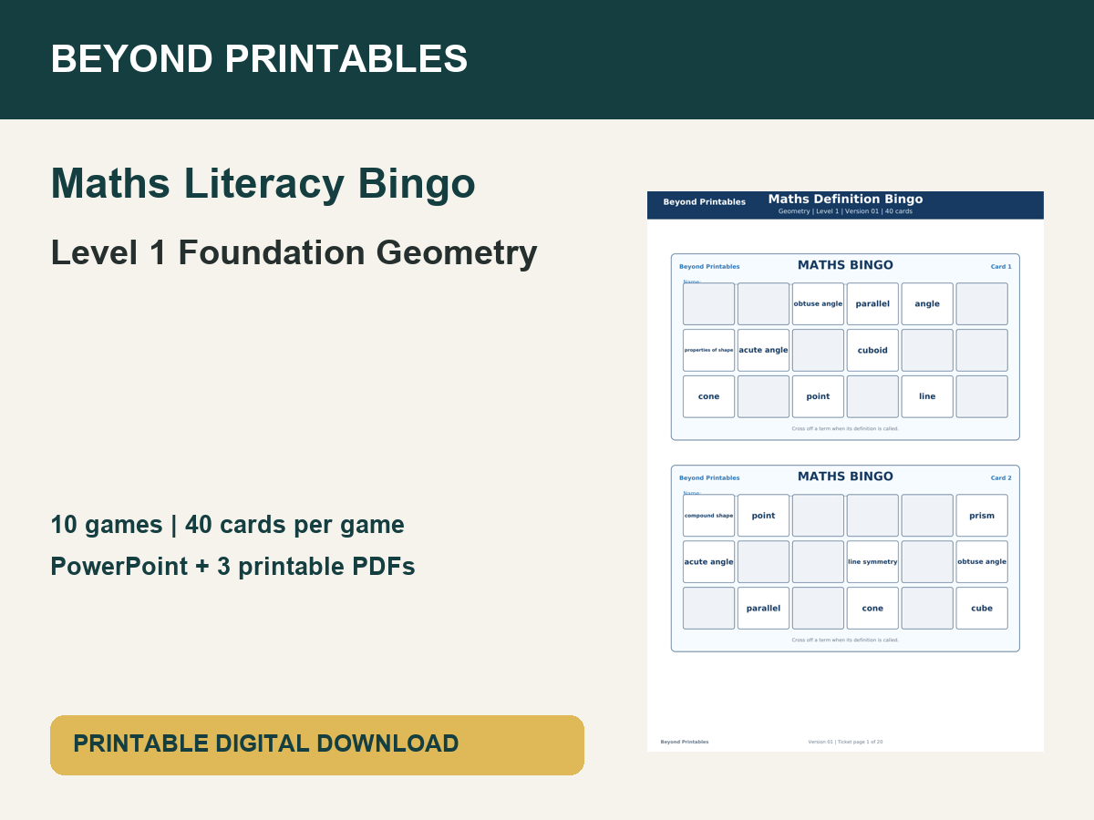 Maths Literacy Bingo: Level 1 Foundation Geometry | 10 Games + PowerPoint