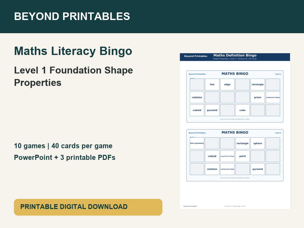 Maths Literacy Bingo: Level 1 Foundation Shape Properties | 10 Games + PowerPoint