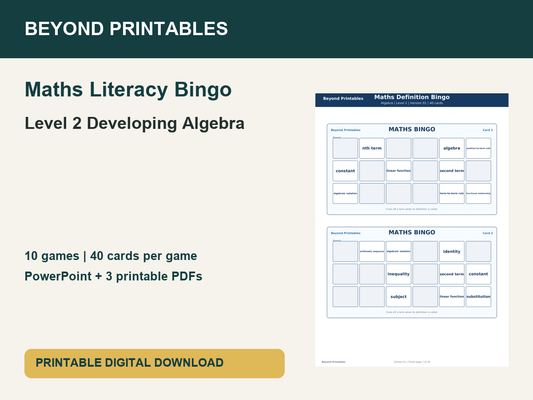 Maths Literacy Bingo: Level 2 Developing Algebra | 10 Games + PowerPoint