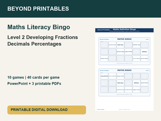 Maths Literacy Bingo: Level 2 Developing Fractions Decimals Percentages | 10 Games + PowerPoint