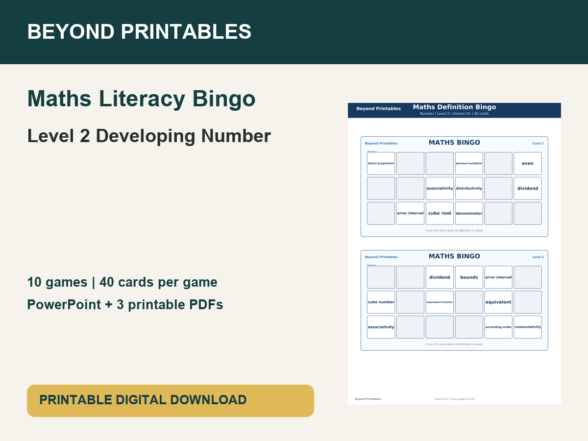 Maths Literacy Bingo: Level 2 Developing Number | 10 Games + PowerPoint